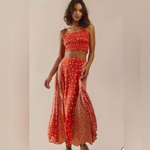 NWOT Free People Boho Kaia Red Floral Combo Maxi Skirt